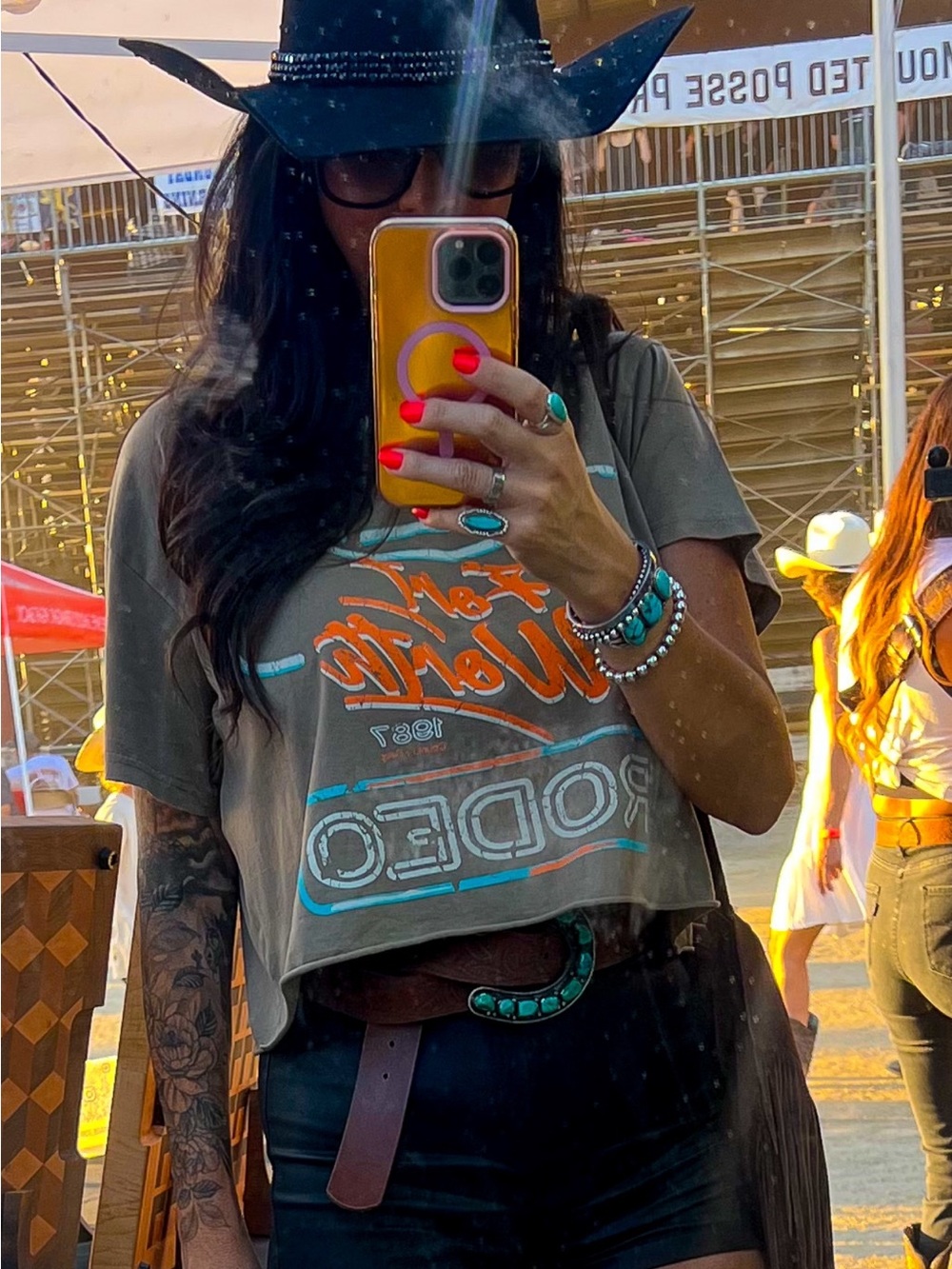 Country Road Crop Tee with Turquoise & Orange “Fort Worth Rodeo” Graphic